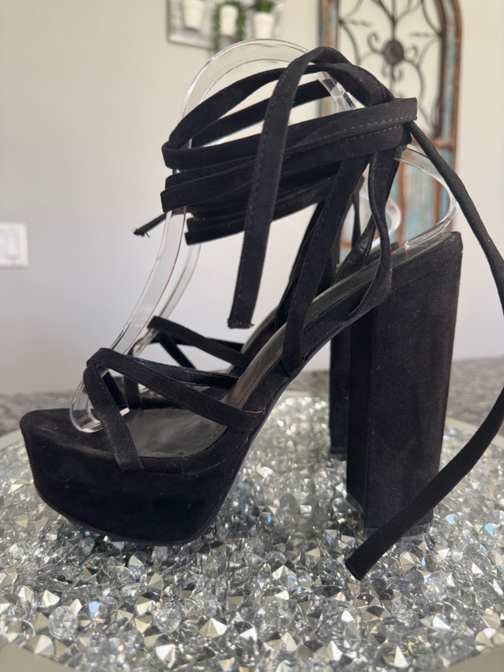 Fashion Nova Black Strappy Lace around ankle Platform Heels